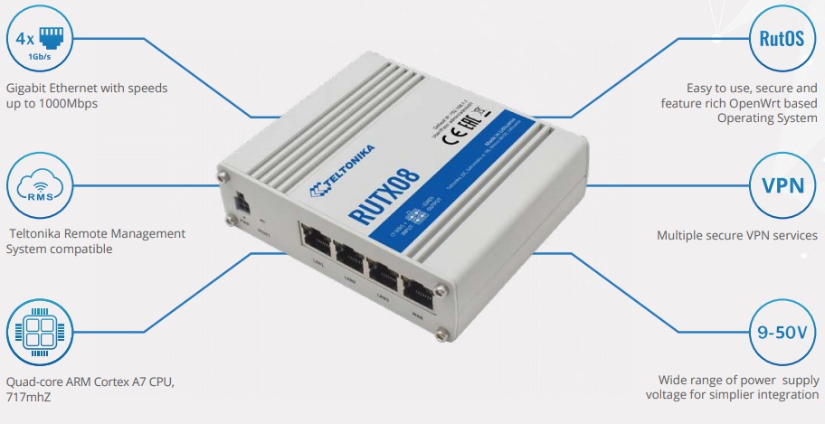RUTX08 - это промышленный Ethernet - Ethernet VPN-маршрутизатор