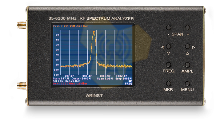 Анализатор спектра Arinst SSA-TG R2 с трекинг-генератором Диапазон частот 35—6200 МГц
Динамический диапазон 70—75 дБ
Встроенный генератор сигнала.
